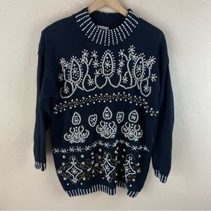 Vintage 80s oversized Margules Black pearl bead embellished tunic sweater large